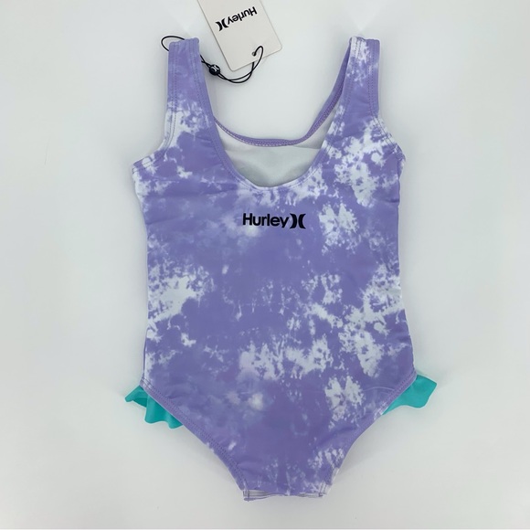 Hurley NWT Baby Girl Purple Tie Dye Unicorn Ruffle Leg One Piece Swim Suit, 24M - Picture 6 of 15